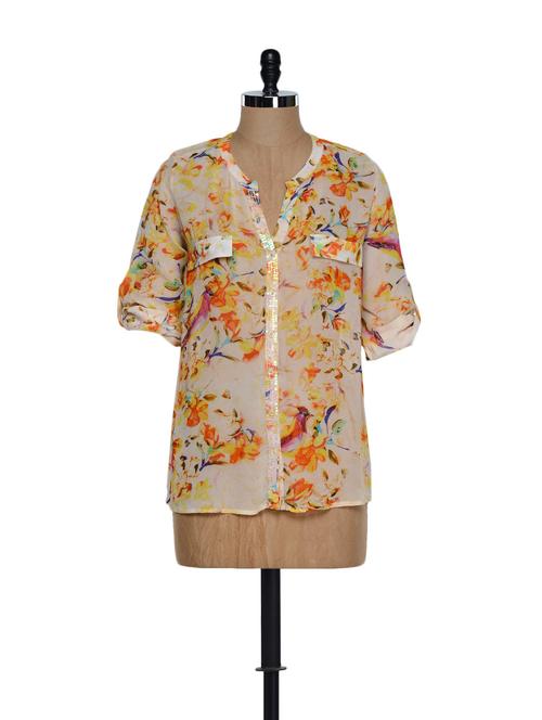 Multi-coloured stylish roll-up sleeved top with floral prints - 897313 - Very Small Image - 1