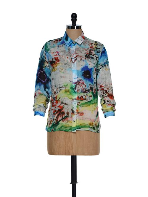 Elegant high-collared neck shirt with multi-coloured digital prints - 897316 - Very Small Image - 1