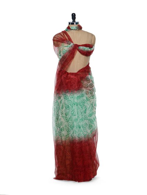 leaf print contrast net saree - 898761 - Very Small Image - 1