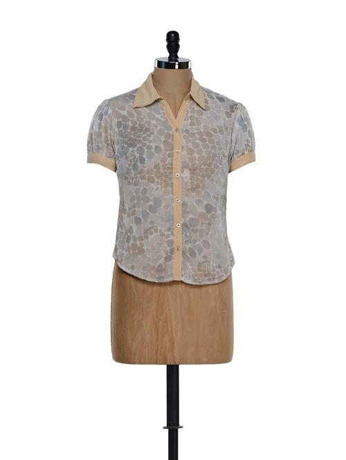 beige-half sleeved printed chiffon top - 899483 - Very Small Image - 1