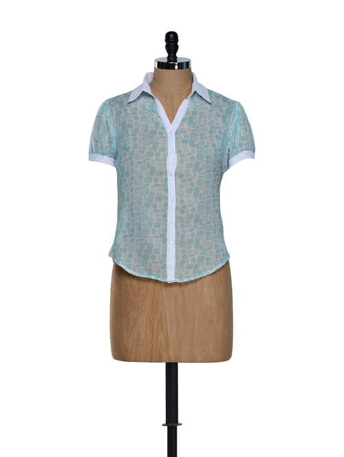 white and mint green half-sleeved printed chiffon top - 899490 - Very Small Image - 1