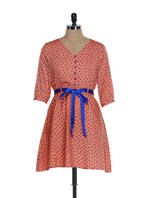 orange and blue printed dress with front waist tie-up - 901573 - Very Small Image - 1