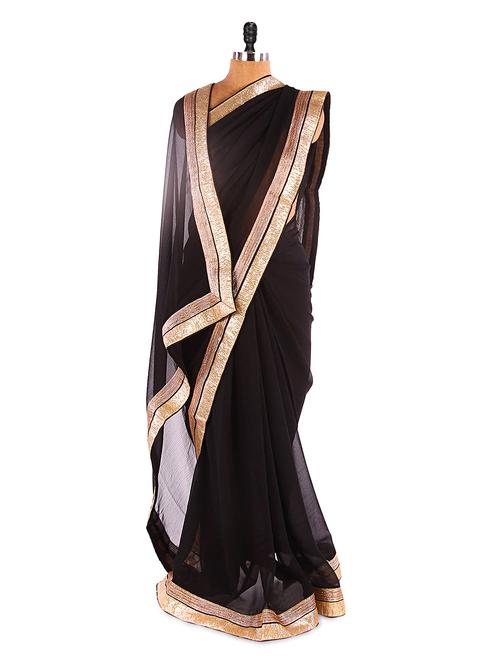Solid black saree with gold border - 905431 - Very Small Image - 1
