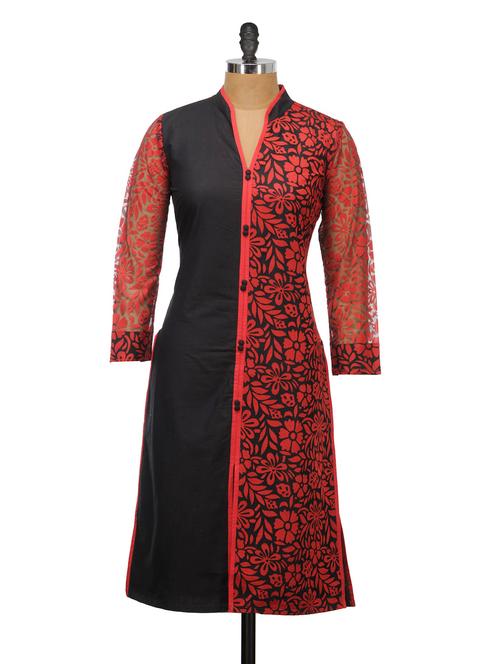 black & red floral kurta - 912929 - Very Small Image - 1