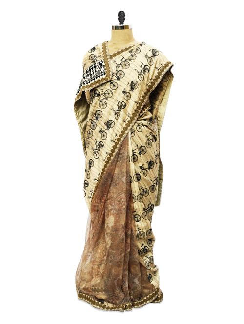 multi-printed beige georgette and silk saree - 913017 - Very Small Image - 1