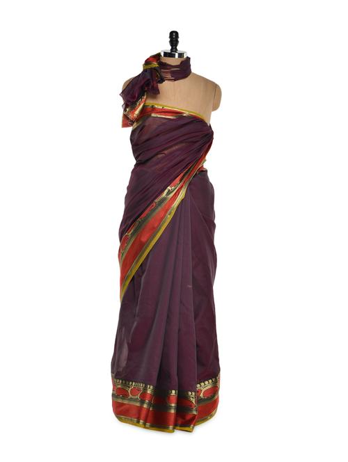 wine cotton silk saree with zari work - 914436 - Very Small Image - 1
