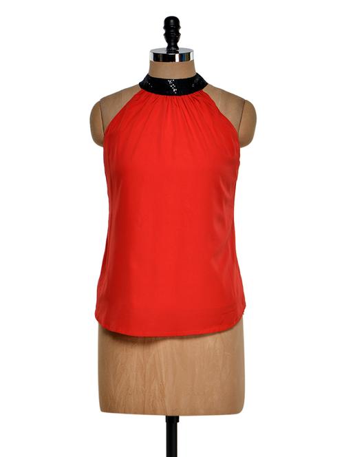 red halter neck top with sequin detailing on neck - 920500 - Very Small Image - 1