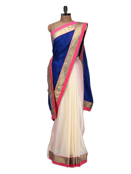 Cream And Royal Blue Saree - 937497 - Very Small Image - 1