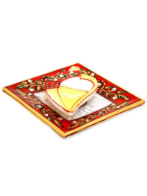 beautiful red embossed marble shankh shaped kumkum rice holder - 940071 - Very Small Image - 1