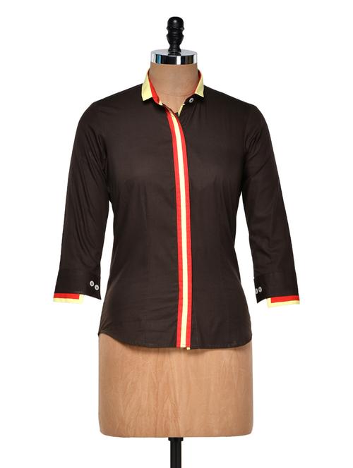 chocolate brown shirt with contrast placket - 940268 - Very Small Image - 1