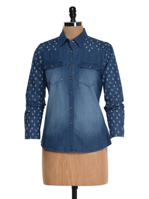 blue printed denim shirt - 943331 - Very Small Image - 1