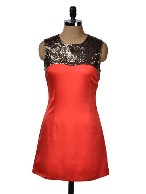 red satin dress with sequined yoke - 945566 - Very Small Image - 1