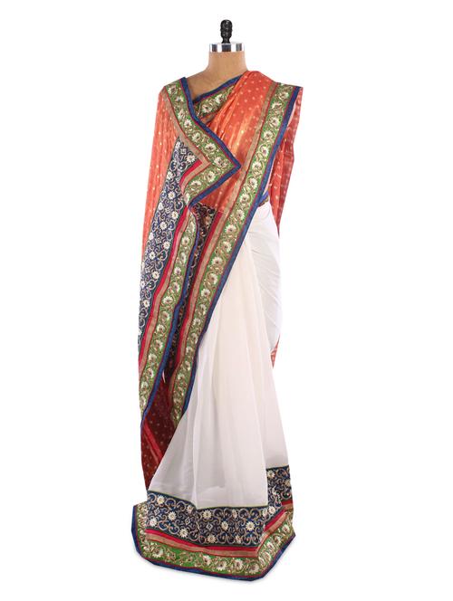 white saree with floral embroidered border - 952435 - Very Small Image - 1
