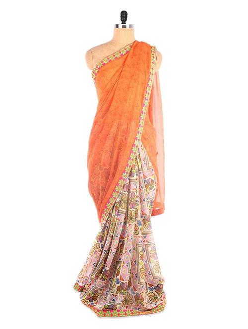 orange georgette printed saree - 952467 - Very Small Image - 1