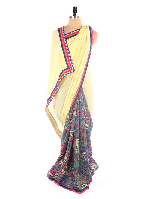 lemon yellow art silk printed saree - 952479 - Very Small Image - 1