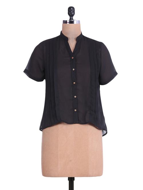 solid black pin tucked high low shirt - 9542903 - Very Small Image - 1