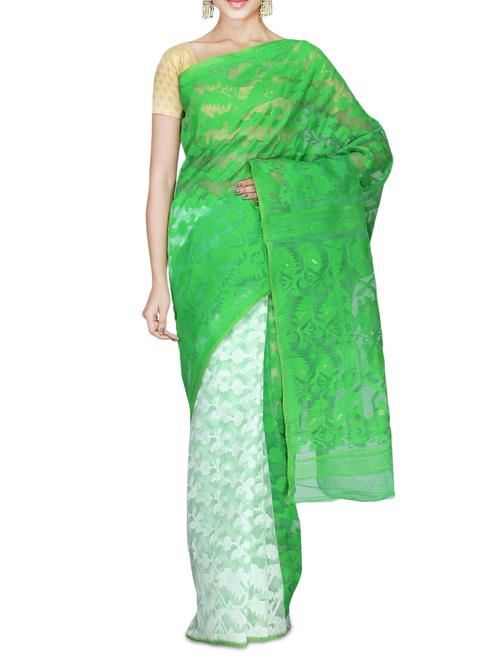 shamrock green cotton net handwoven printed saree - 9543021 - Very Small Image - 1