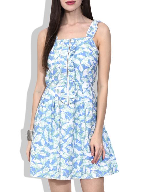 blue and white leaf printed zippered cotton dress - 9543430 - Very Small Image - 1