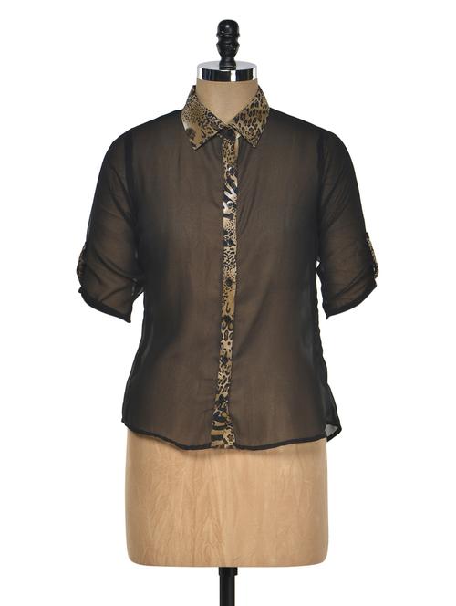 Sheer shirt with printed collar & placked - 954551 - Very Small Image - 1