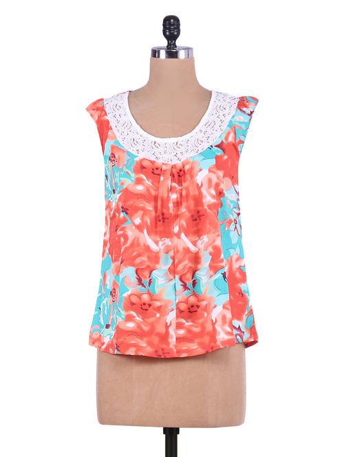 coral and turquoise floral printed smock top - 9552362 - Very Small Image - 1