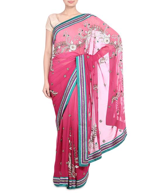 fuchsia embellished and embroidered georgette saree - 9552418 - Very Small Image - 1