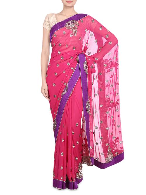 fuchsia embellished georgette saree - 9552423 - Very Small Image - 1