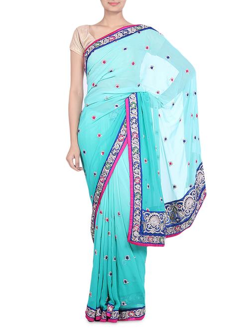 turquoise embellished and embroidered georgette saree - 9552429 - Very Small Image - 1