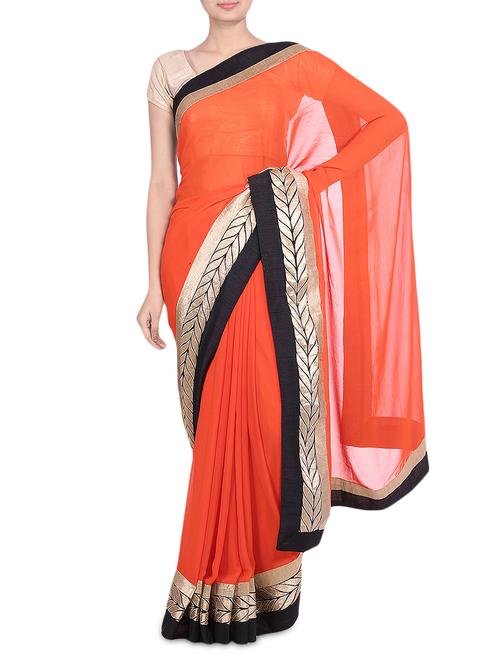 orange velvet bordered georgette saree - 9552434 - Very Small Image - 1