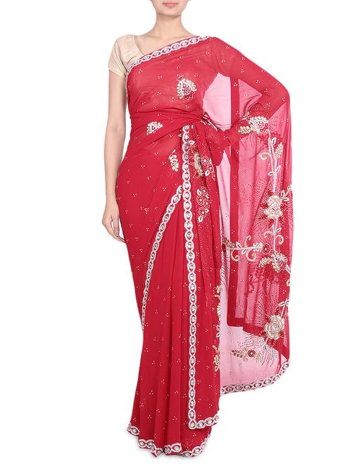 red embellished and embroidered georgette saree - 9552439 - Very Small Image - 1