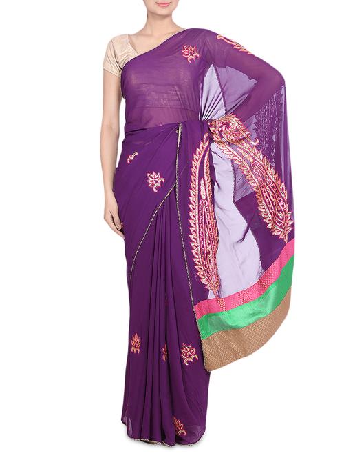 purple embellished georgette saree - 9552442 - Very Small Image - 1