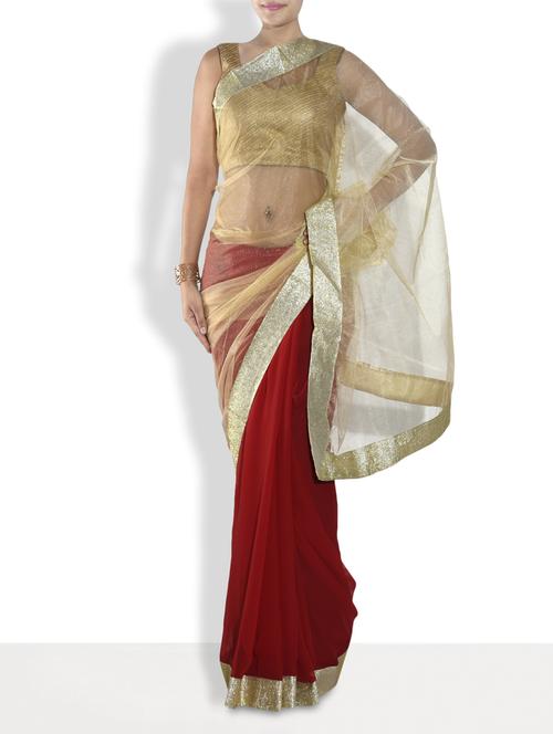 red and gold net saree - 9553056 - Very Small Image - 1