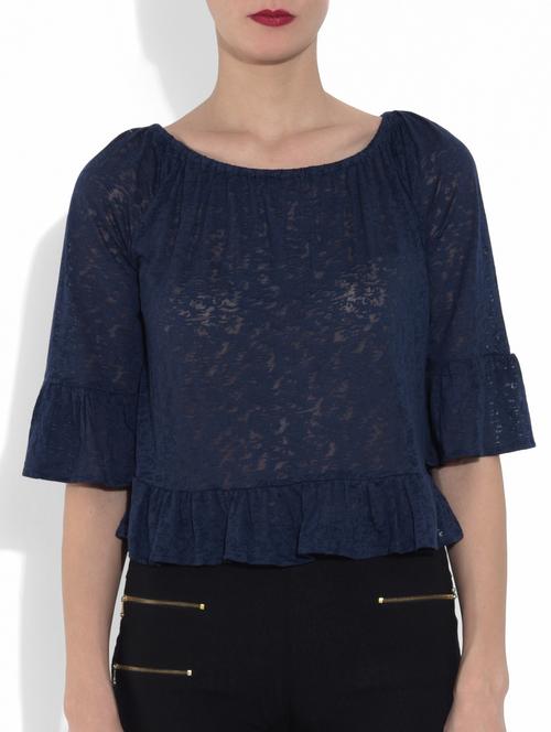 blue blended three quarter sleeved crop top - 9553215 - Very Small Image - 1