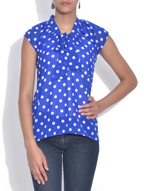 cerulean polka dot printed top with neck-tie - 9553272 - Very Small Image - 1