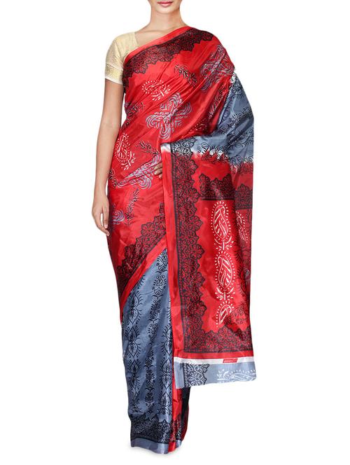 red and grey printed art silk saree - 9555805 - Very Small Image - 1