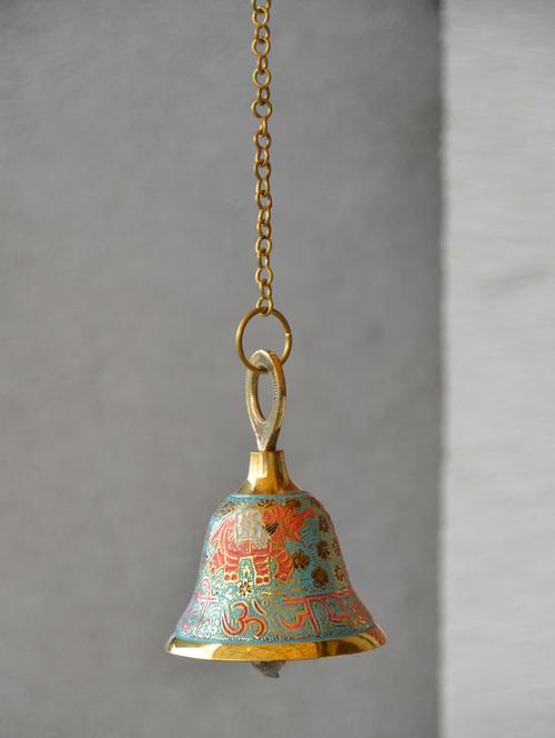 gold and blue brass mandir bell with chain - 9556267 - Very Small Image - 1
