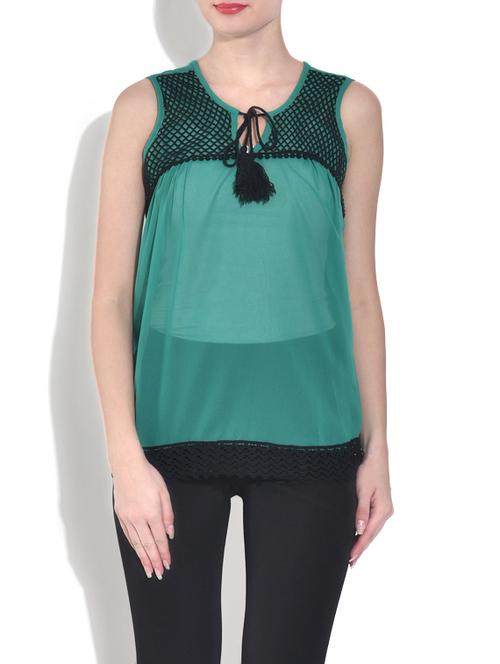 teal poly crepe top with a mesh yoke - 9558828 - Very Small Image - 1