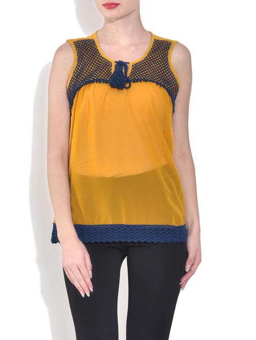 mustard poly crepe top with a mesh yoke - 9558829 - Very Small Image - 1