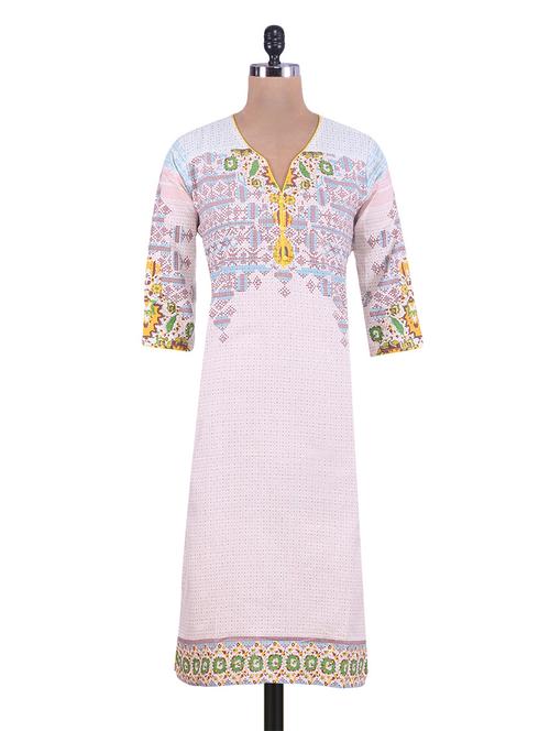 white printed cotton khadi kurta - 9559522 - Very Small Image - 1