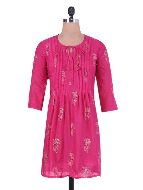 pink printed cotton and rayon gathered kurta - 9559529 - Very Small Image - 1