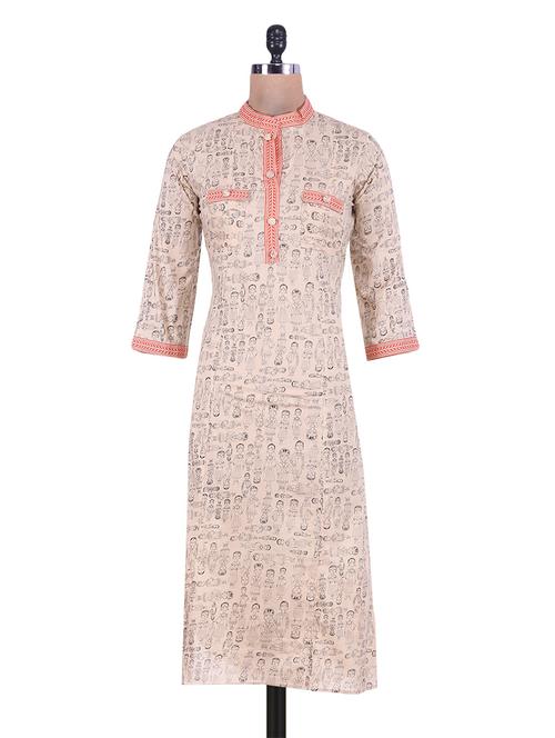 beige printed cotton kurta - 9559538 - Very Small Image - 1