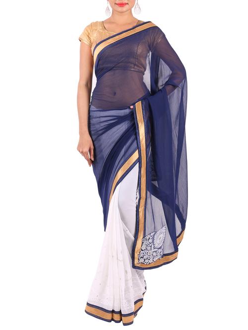 Blue and White Chiffon half and half Sari - 9562890 - Very Small Image - 1