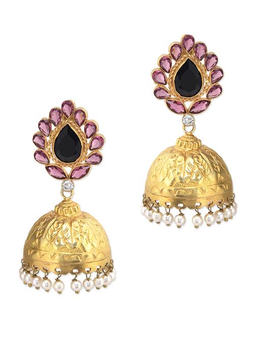 stone embellished 22k gold plated jhumkas - 9568349 - Very Small Image - 1