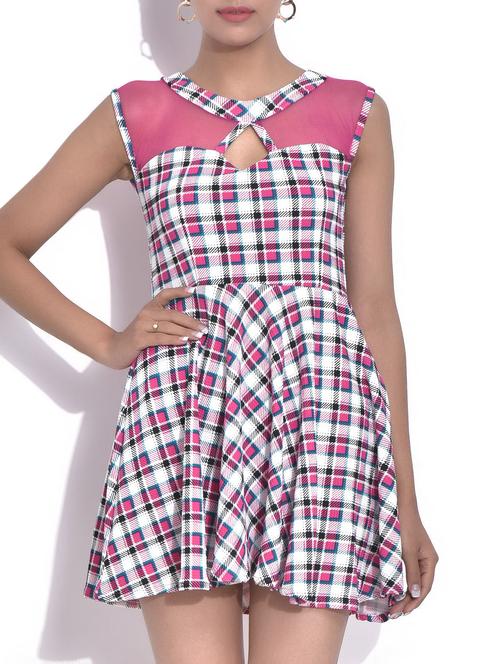 pink white checkered poly net sleeveless dress - 9568680 - Very Small Image - 1