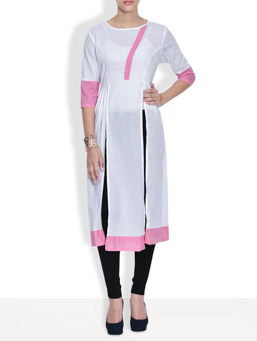 White cotton front slit kurta - 9571932 - Very Small Image - 1