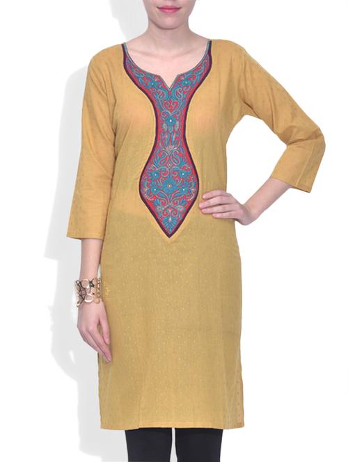 yellow cotton solids three quarter sleeved kurti - 9574272 - Very Small Image - 1