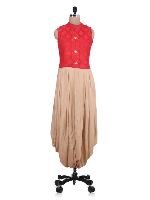 red and beige gathered rayon kurti - 9576379 - Very Small Image - 1