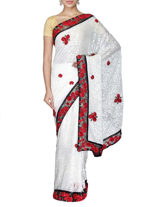 white faux chiffon patchwork sari - 9576585 - Very Small Image - 1