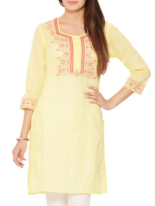 Pale Yellow Embroidered Voile Kurta - 9579542 - Very Small Image - 1