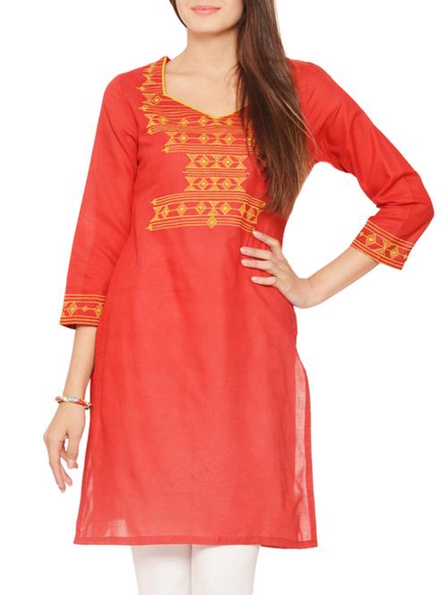 Red Embroidered Voile Kurta - 9579544 - Very Small Image - 1