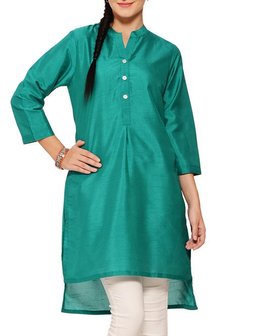 Teal Poly Silk Hi-Lo Kurta - 9579548 - Very Small Image - 1